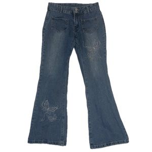 bootcut faded light blue jeans with butterfly embroidery
